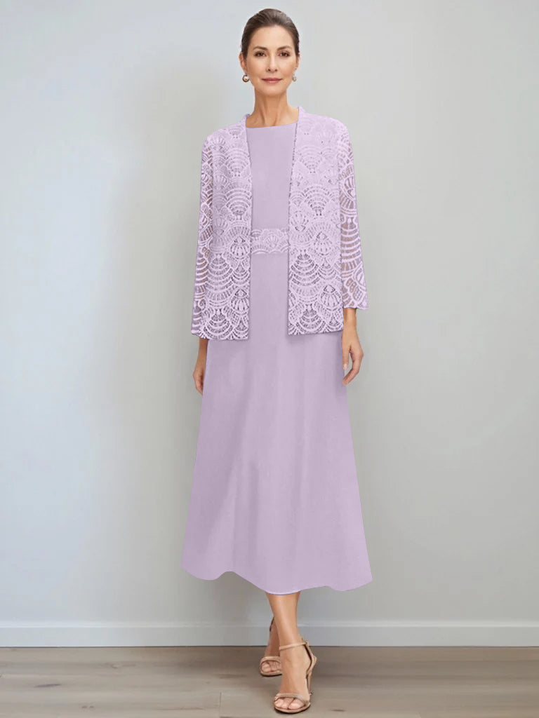 A Line Princess Jewel Neck Tea Length Mother Of The Bride Dresses With Jacket Lace
