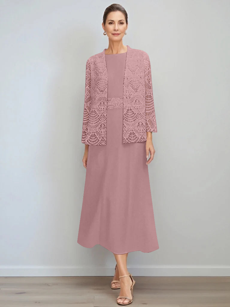 A Line Princess Jewel Neck Tea Length Mother Of The Bride Dresses With Jacket Lace