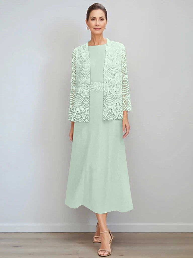 A Line Princess Jewel Neck Tea Length Mother Of The Bride Dresses With Jacket Lace