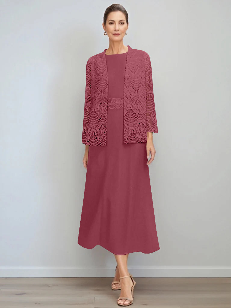 A Line Princess Jewel Neck Tea Length Mother Of The Bride Dresses With Jacket Lace