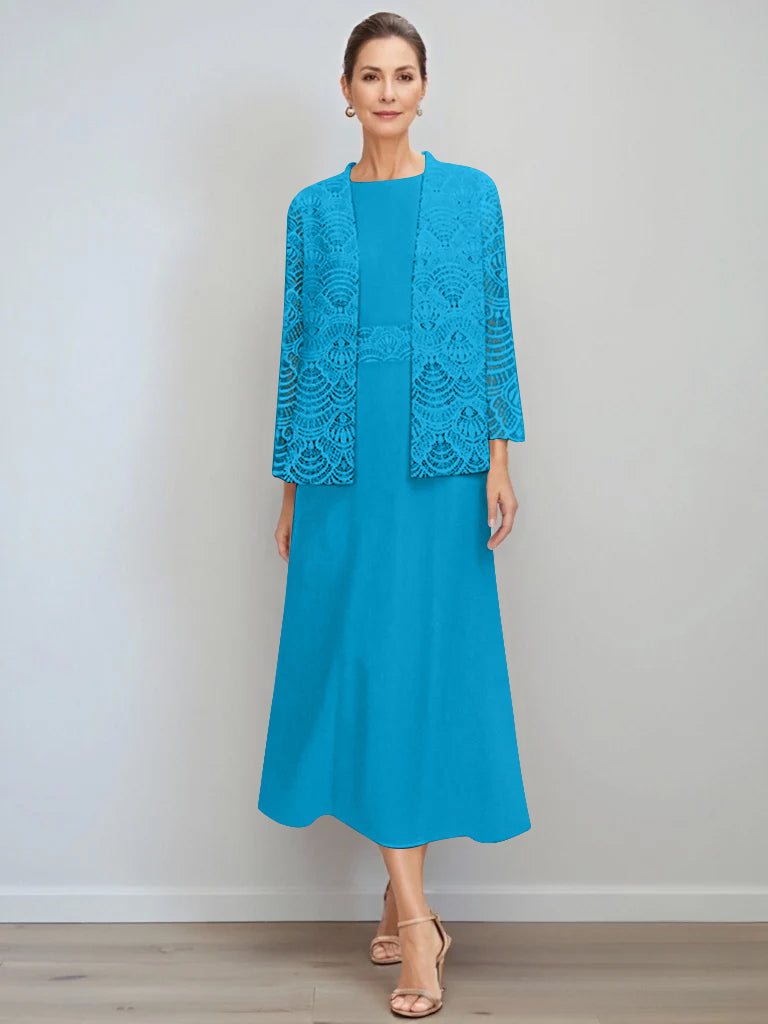 A Line Princess Jewel Neck Tea Length Mother Of The Bride Dresses With Jacket Lace