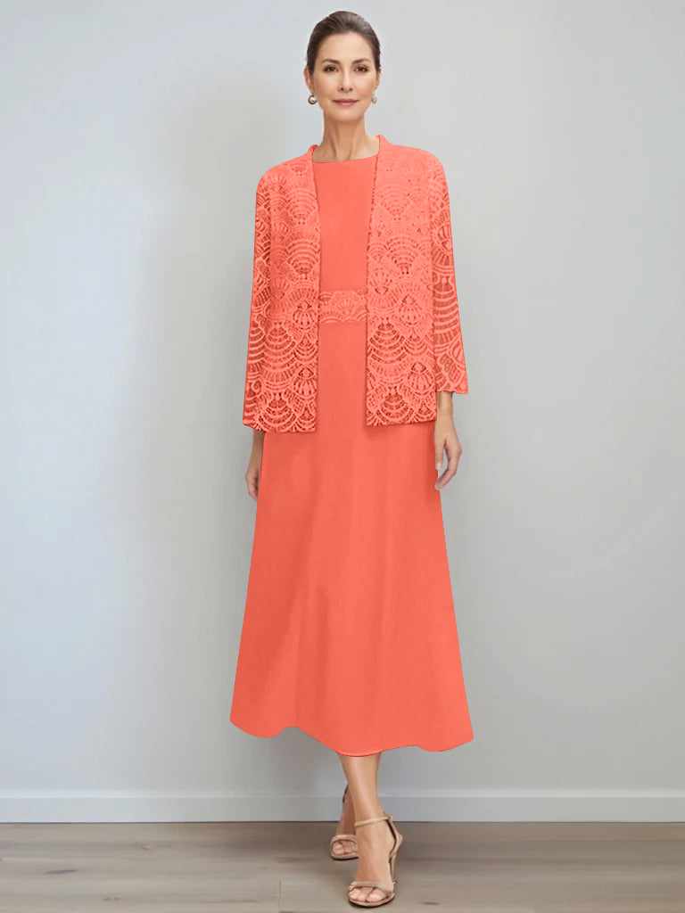 A Line Princess Jewel Neck Tea Length Mother Of The Bride Dresses With Jacket Lace