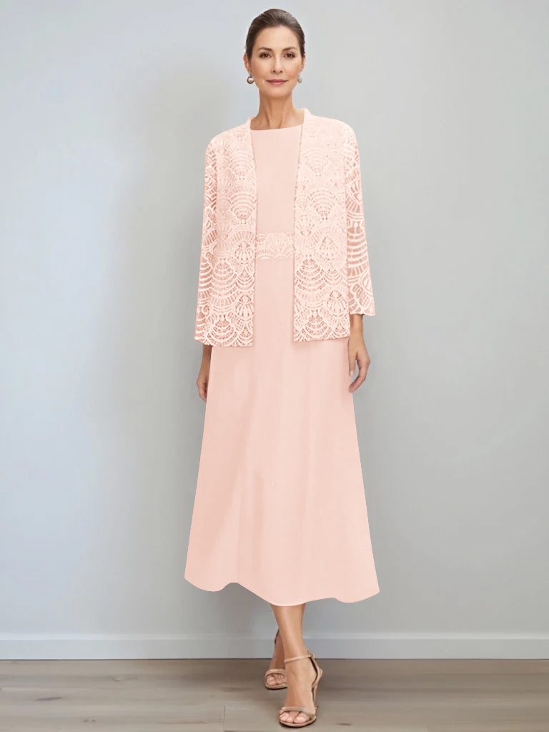 A Line Princess Jewel Neck Tea Length Mother Of The Bride Dresses With Jacket Lace