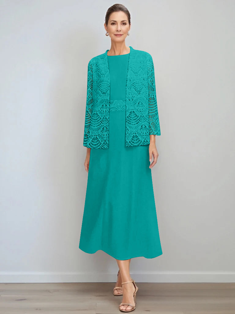 A Line Princess Jewel Neck Tea Length Mother Of The Bride Dresses With Jacket Lace