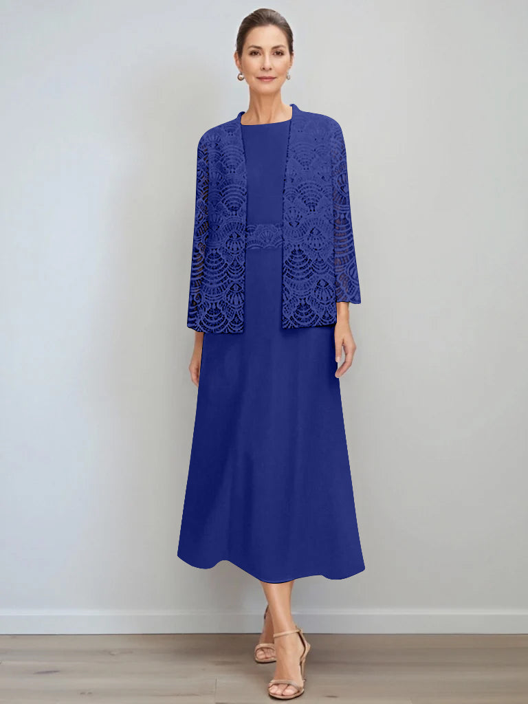 A Line Princess Jewel Neck Tea Length Mother Of The Bride Dresses With Jacket Lace