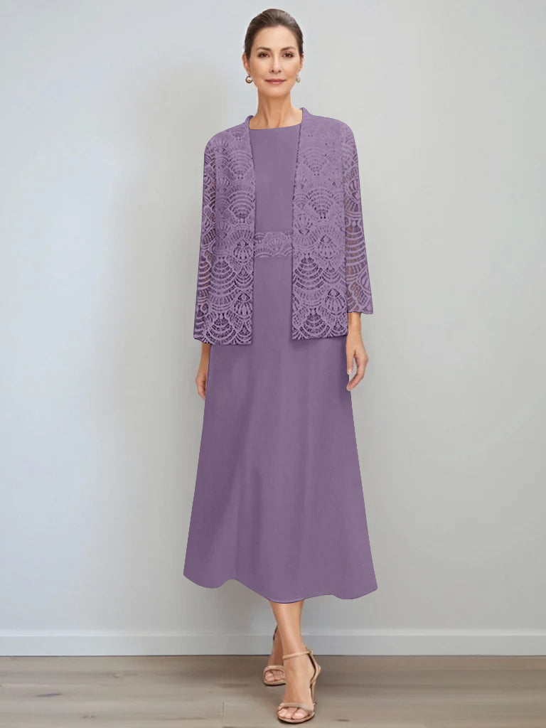A Line Princess Jewel Neck Tea Length Mother Of The Bride Dresses With Jacket Lace