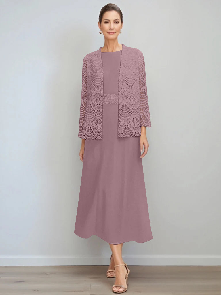 A Line Princess Jewel Neck Tea Length Mother Of The Bride Dresses With Jacket Lace
