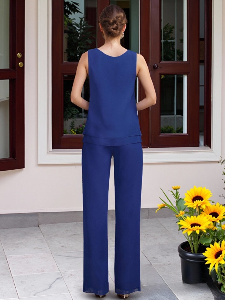 Chiffon 3 Pieces Floor Length Mother Of The Bride Pantsuits With Jacket Beadings