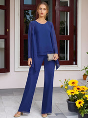Chiffon 3 Pieces Floor Length Mother Of The Bride Pantsuits With Jacket Beadings