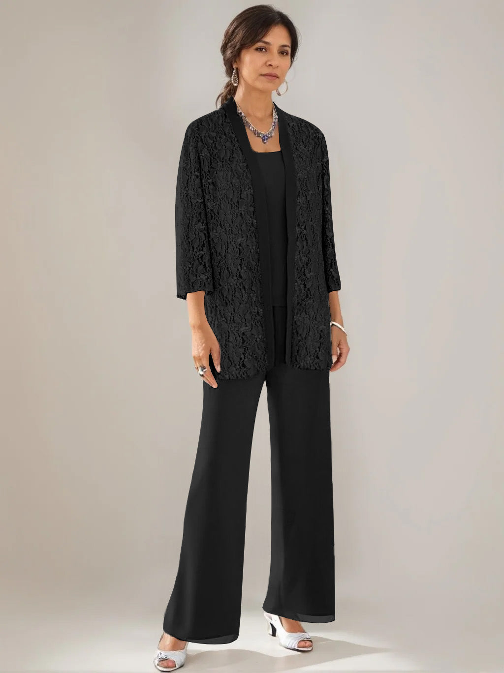 3 Pieces Scoop Neck 3 4 Sleeves Ankle Length Mother Of The Bride Pantsuits With Lace Sequins Jacket
