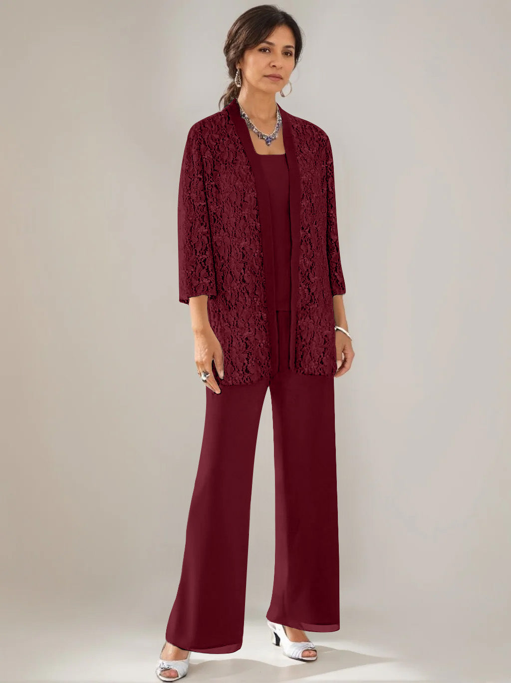 3 Pieces Scoop Neck 3 4 Sleeves Ankle Length Mother Of The Bride Pantsuits With Lace Sequins Jacket