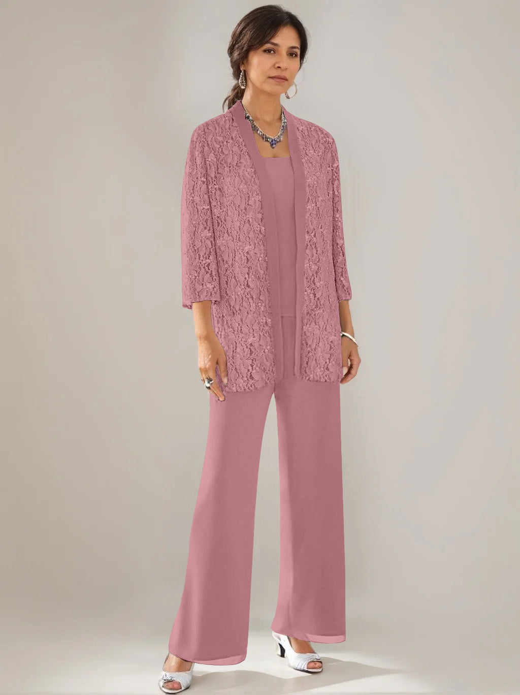 3 Pieces Scoop Neck 3 4 Sleeves Ankle Length Mother Of The Bride Pantsuits With Lace Sequins Jacket
