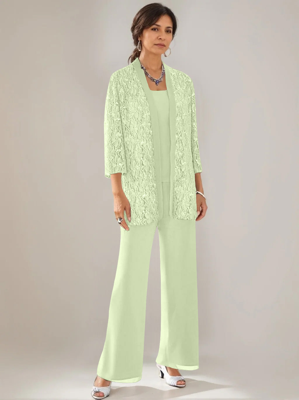 3 Pieces Scoop Neck 3 4 Sleeves Ankle Length Mother Of The Bride Pantsuits With Lace Sequins Jacket