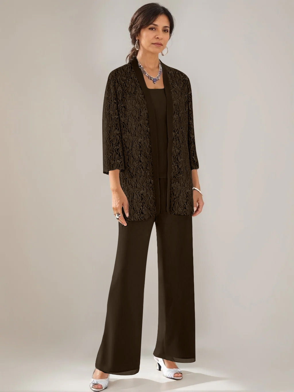 3 Pieces Scoop Neck 3 4 Sleeves Ankle Length Mother Of The Bride Pantsuits With Lace Sequins Jacket