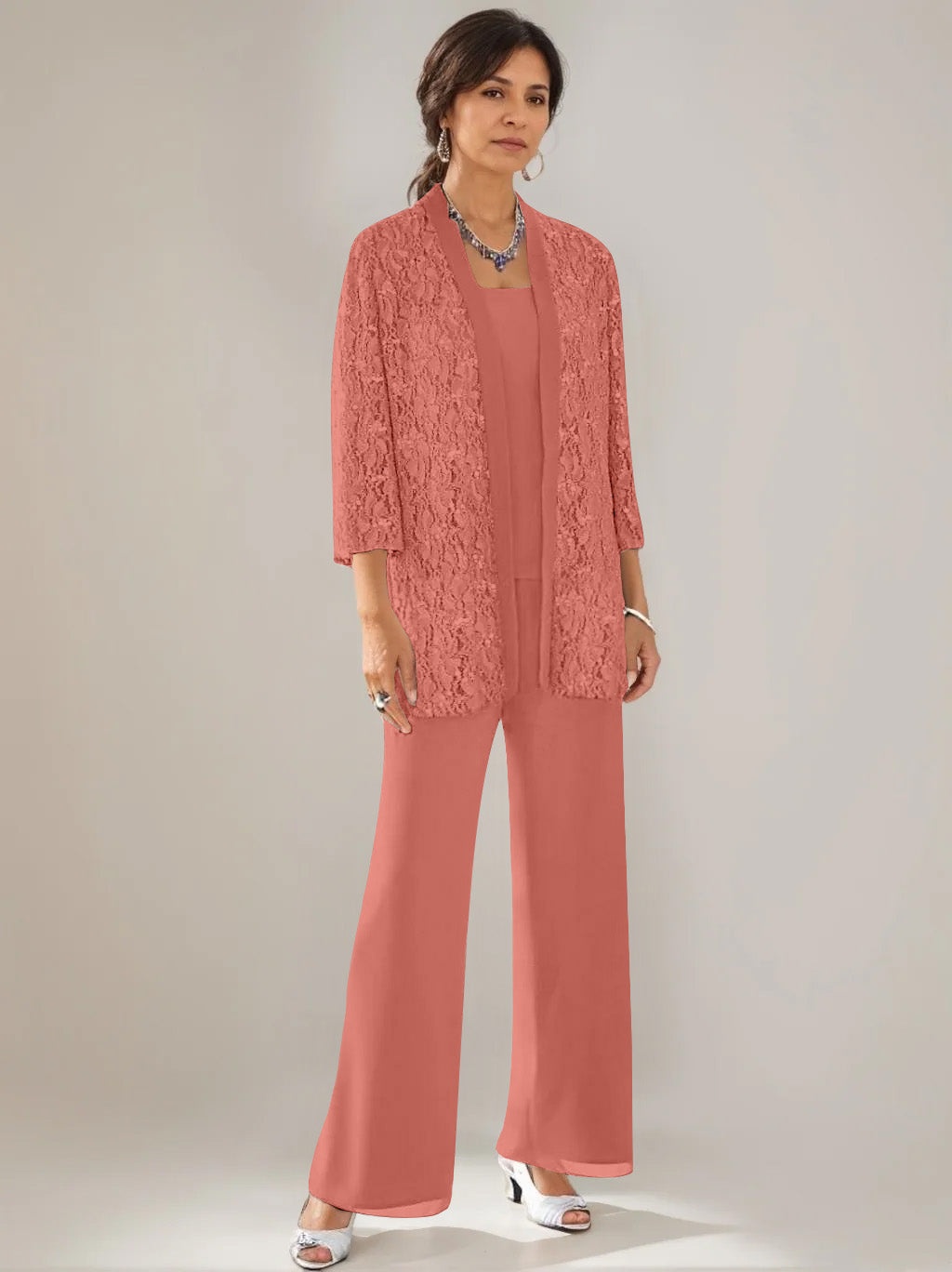 3 Pieces Scoop Neck 3 4 Sleeves Ankle Length Mother Of The Bride Pantsuits With Lace Sequins Jacket