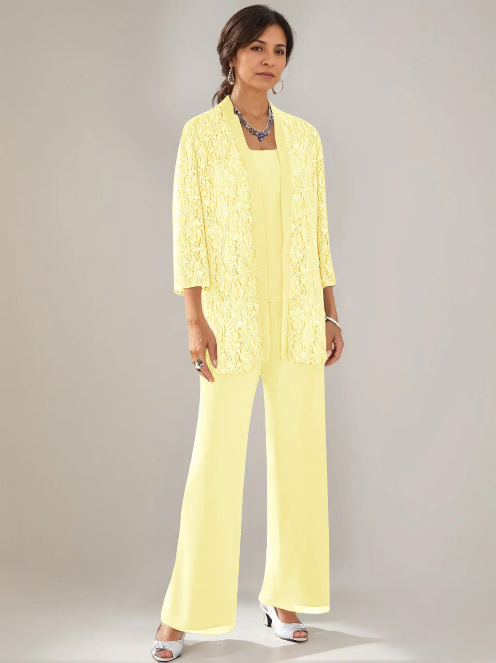 3 Pieces Scoop Neck 3 4 Sleeves Ankle Length Mother Of The Bride Pantsuits With Lace Sequins Jacket