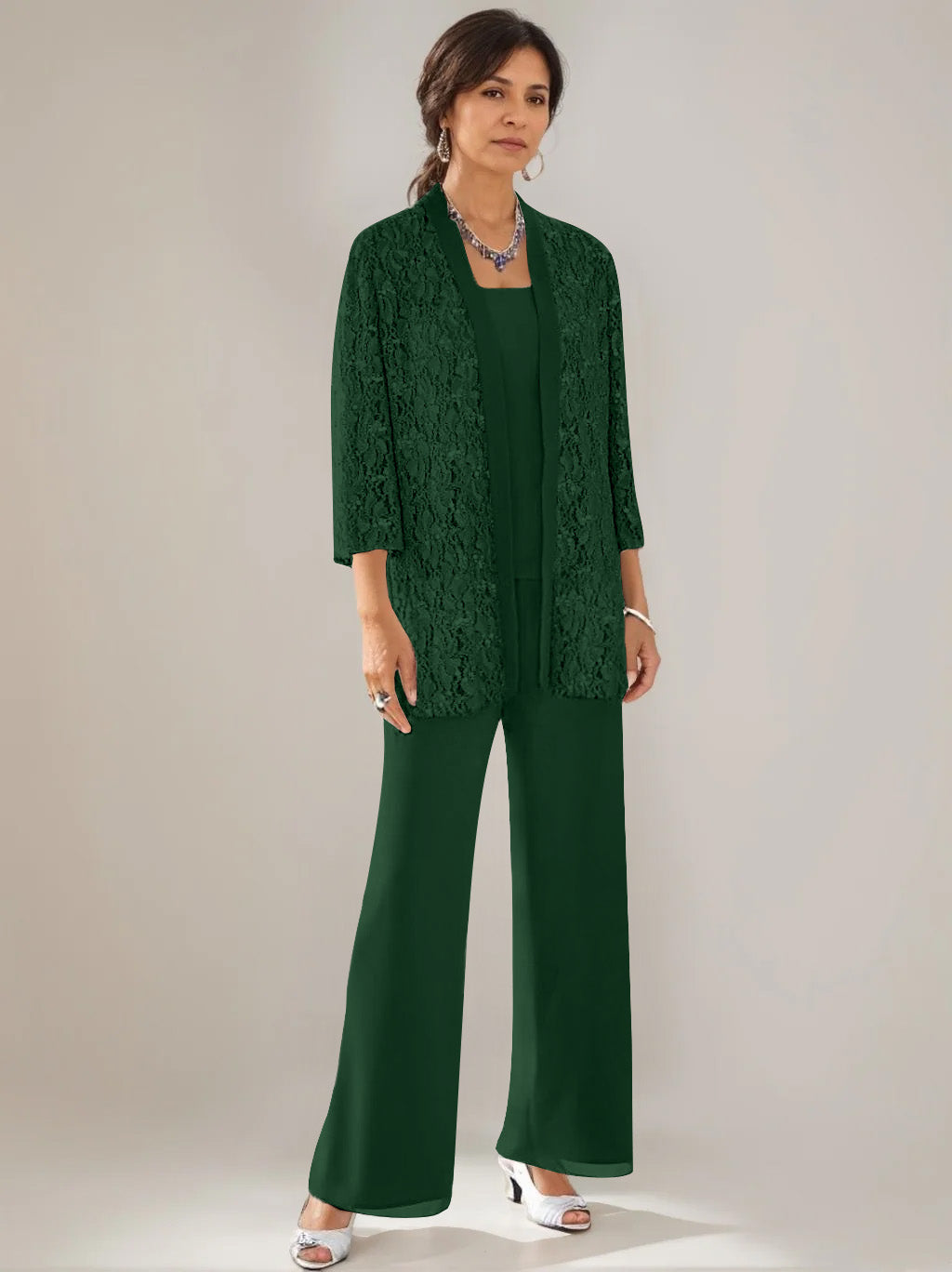 3 Pieces Scoop Neck 3 4 Sleeves Ankle Length Mother Of The Bride Pantsuits With Lace Sequins Jacket