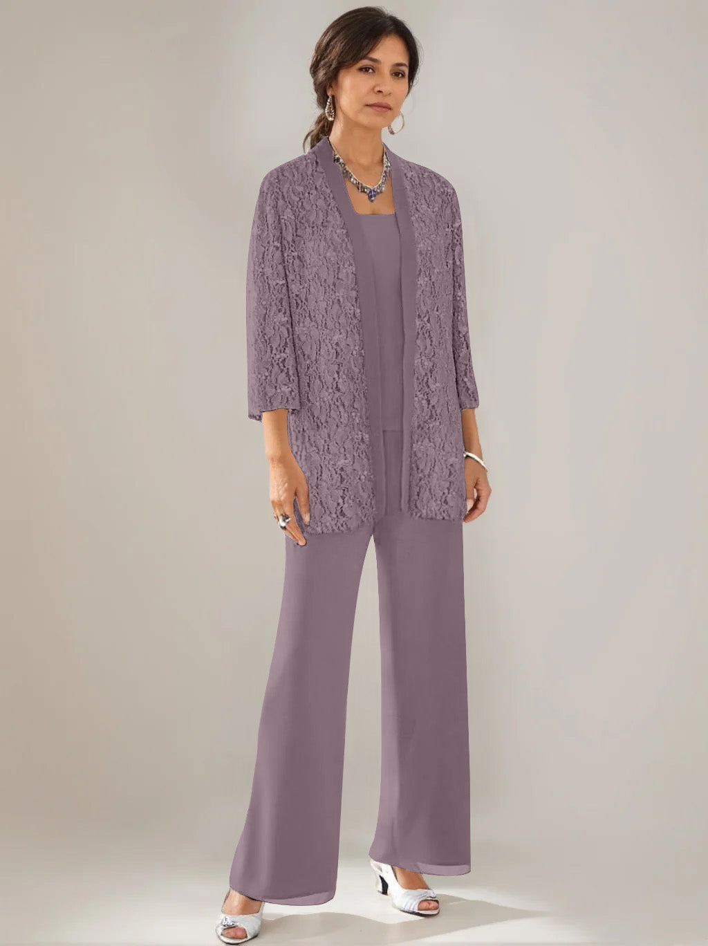 3 Pieces Scoop Neck 3 4 Sleeves Ankle Length Mother Of The Bride Pantsuits With Lace Sequins Jacket