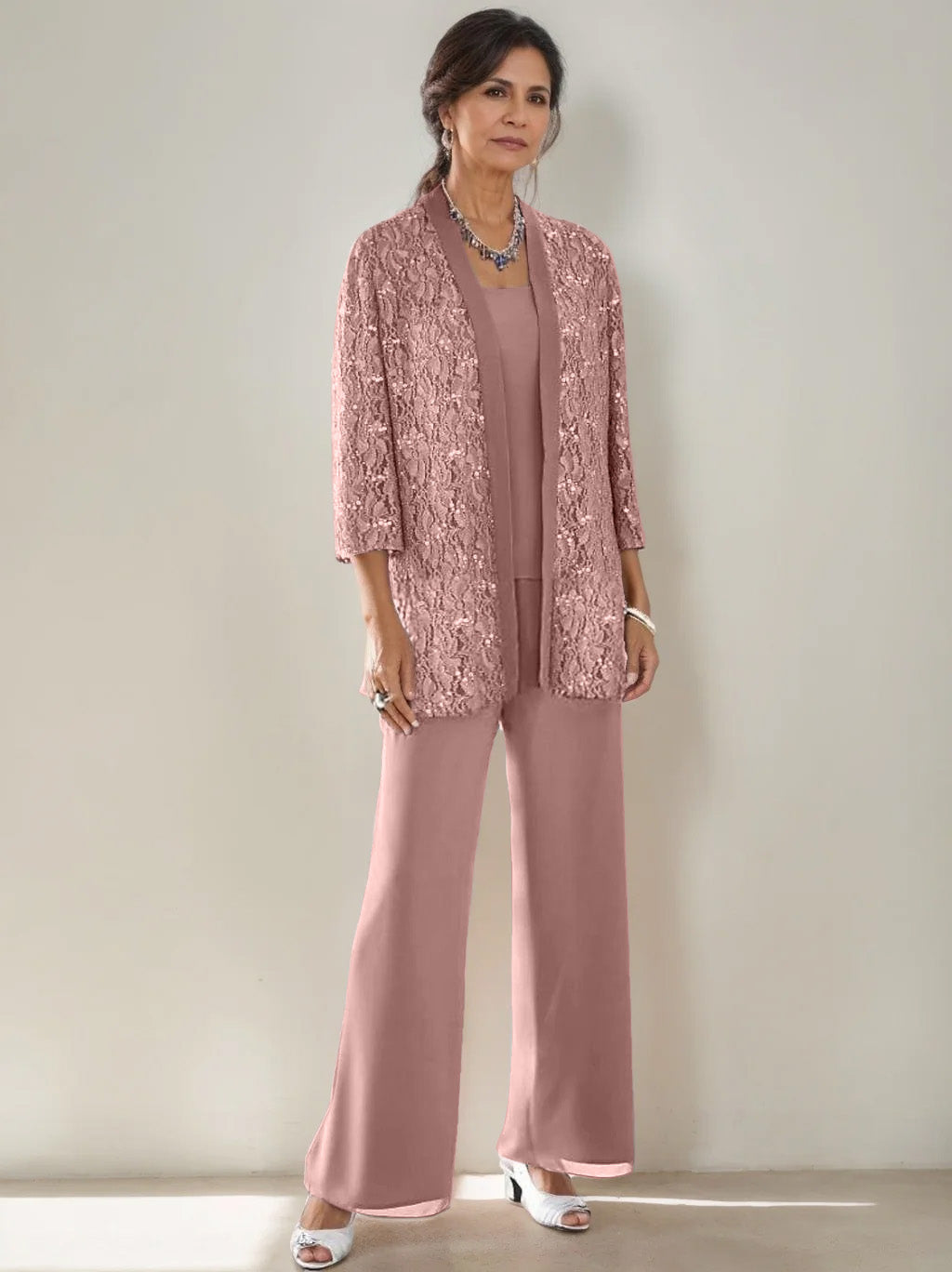 3 Pieces Scoop Neck 3 4 Sleeves Ankle Length Mother Of The Bride Pantsuits With Lace Sequins Jacket