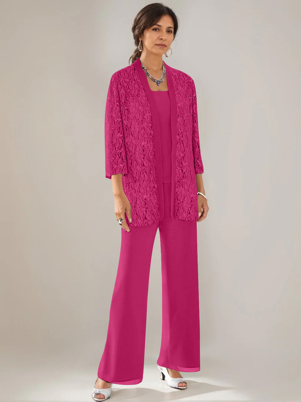 3 Pieces Scoop Neck 3 4 Sleeves Ankle Length Mother Of The Bride Pantsuits With Lace Sequins Jacket