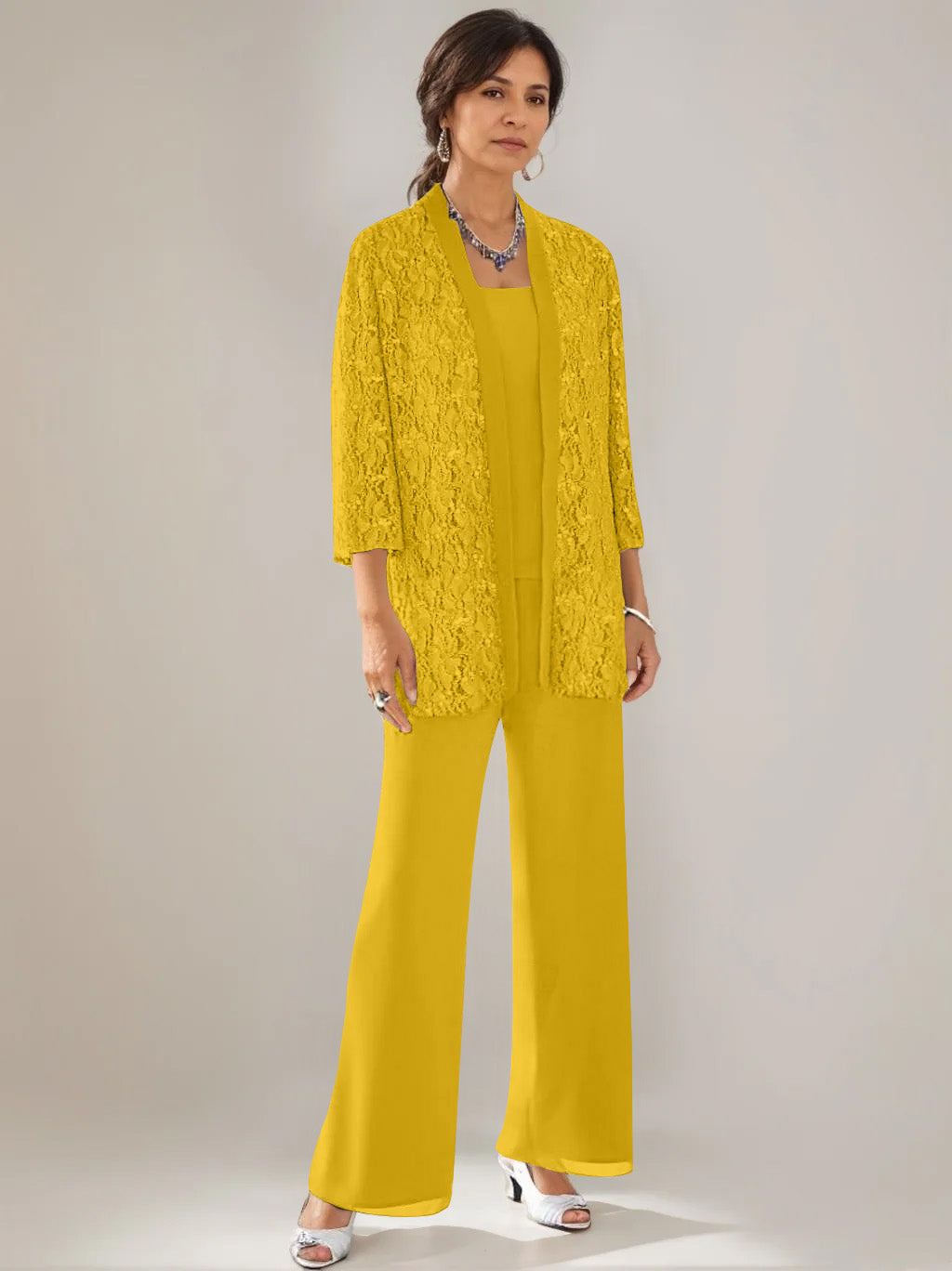 3 Pieces Scoop Neck 3 4 Sleeves Ankle Length Mother Of The Bride Pantsuits With Lace Sequins Jacket