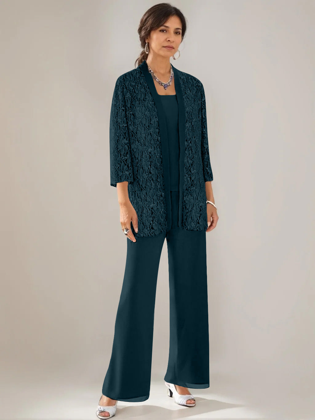3 Pieces Scoop Neck 3 4 Sleeves Ankle Length Mother Of The Bride Pantsuits With Lace Sequins Jacket