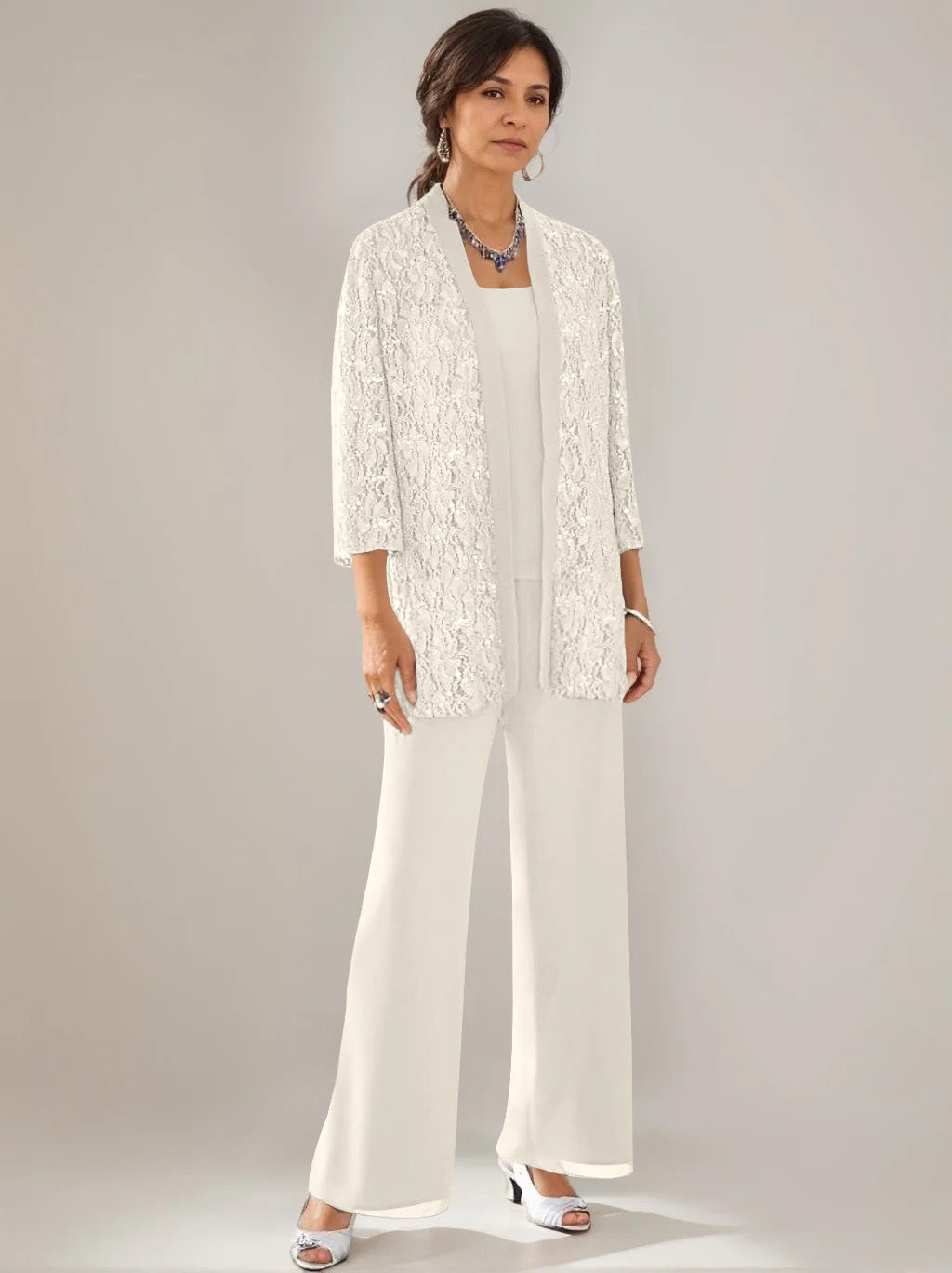 3 Pieces Scoop Neck 3 4 Sleeves Ankle Length Mother Of The Bride Pantsuits With Lace Sequins Jacket