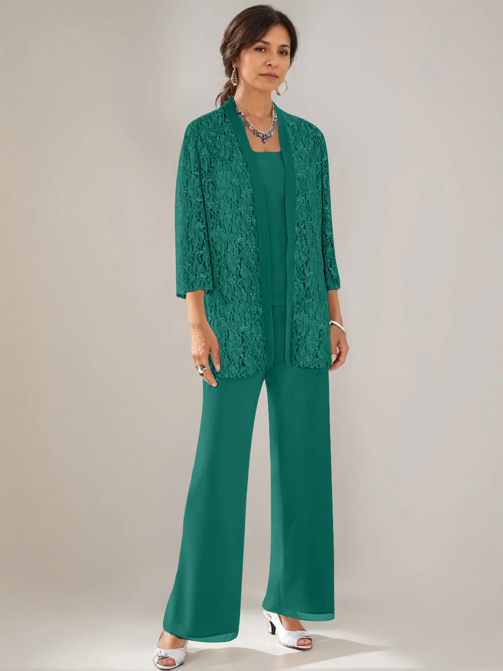 3 Pieces Scoop Neck 3 4 Sleeves Ankle Length Mother Of The Bride Pantsuits With Lace Sequins Jacket