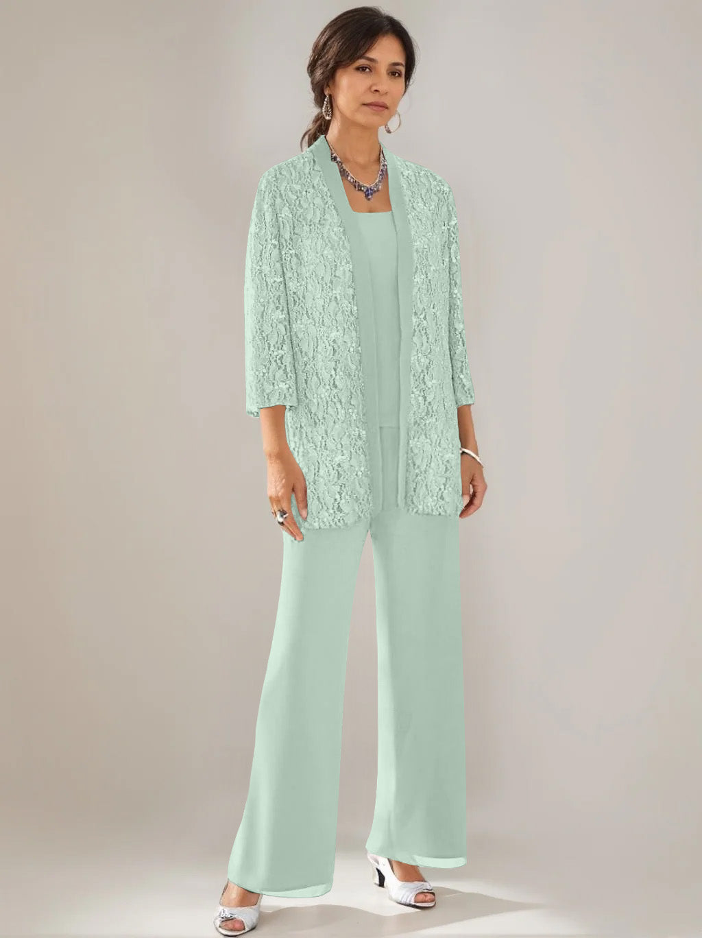 3 Pieces Scoop Neck 3 4 Sleeves Ankle Length Mother Of The Bride Pantsuits With Lace Sequins Jacket