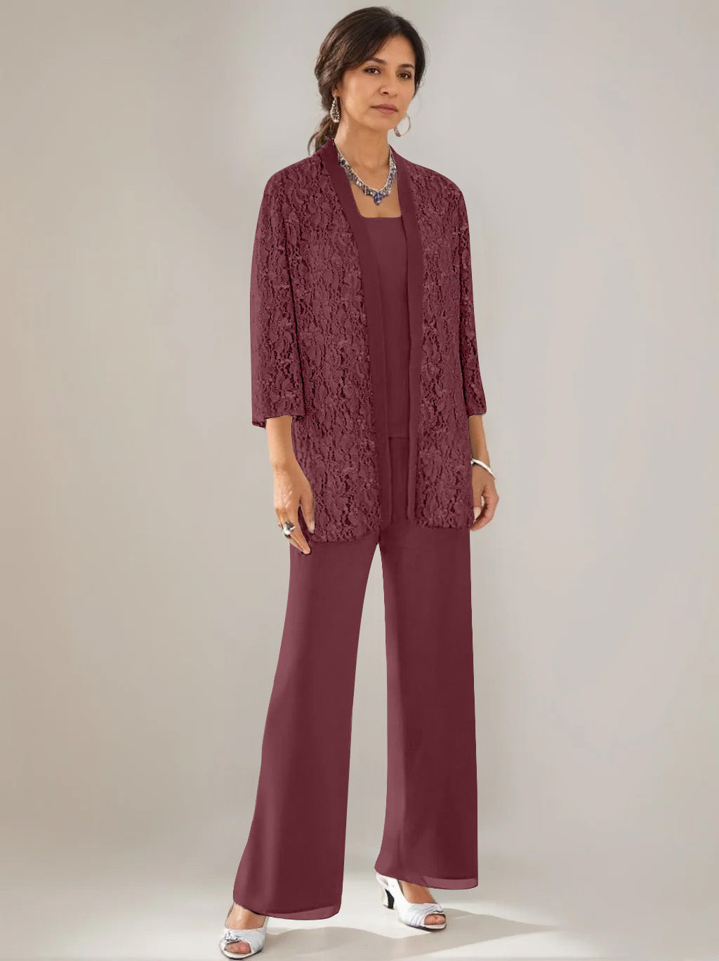 3 Pieces Scoop Neck 3 4 Sleeves Ankle Length Mother Of The Bride Pantsuits With Lace Sequins Jacket