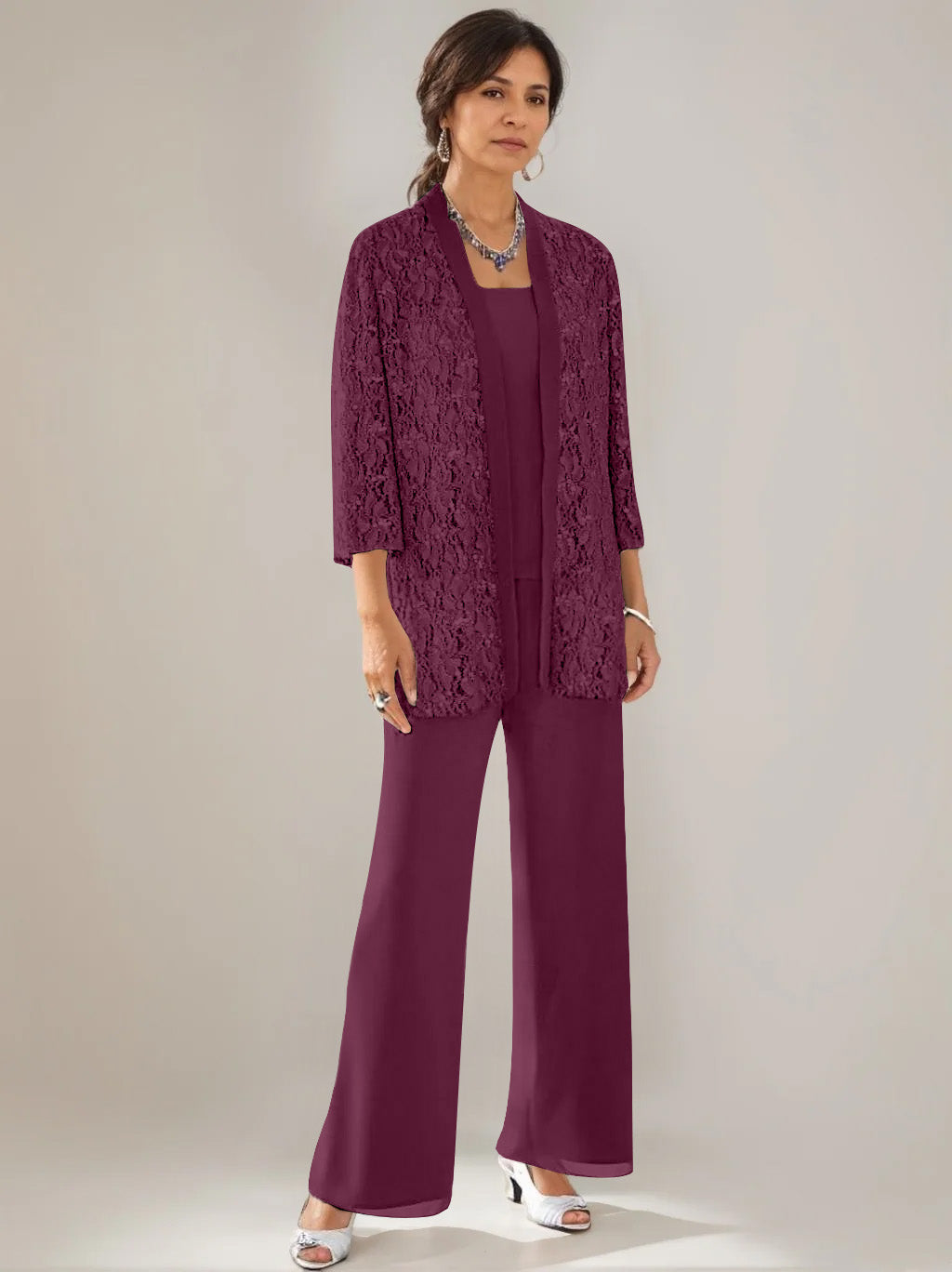 3 Pieces Scoop Neck 3 4 Sleeves Ankle Length Mother Of The Bride Pantsuits With Lace Sequins Jacket