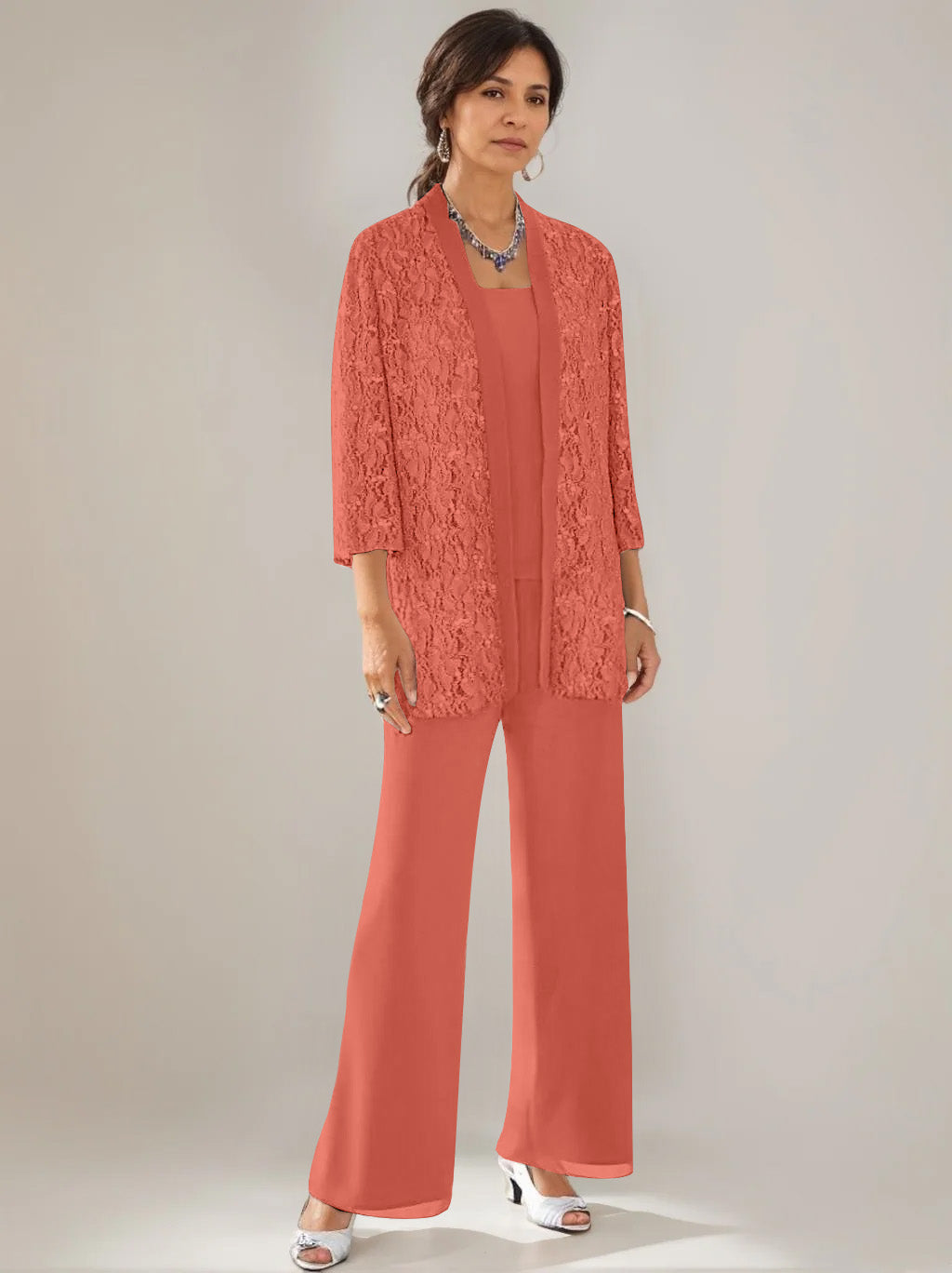 3 Pieces Scoop Neck 3 4 Sleeves Ankle Length Mother Of The Bride Pantsuits With Lace Sequins Jacket