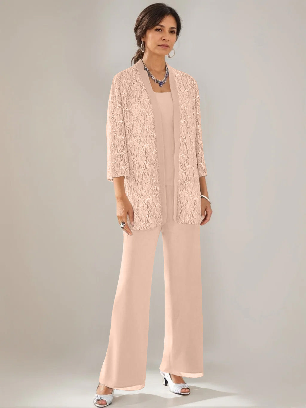 3 Pieces Scoop Neck 3 4 Sleeves Ankle Length Mother Of The Bride Pantsuits With Lace Sequins Jacket