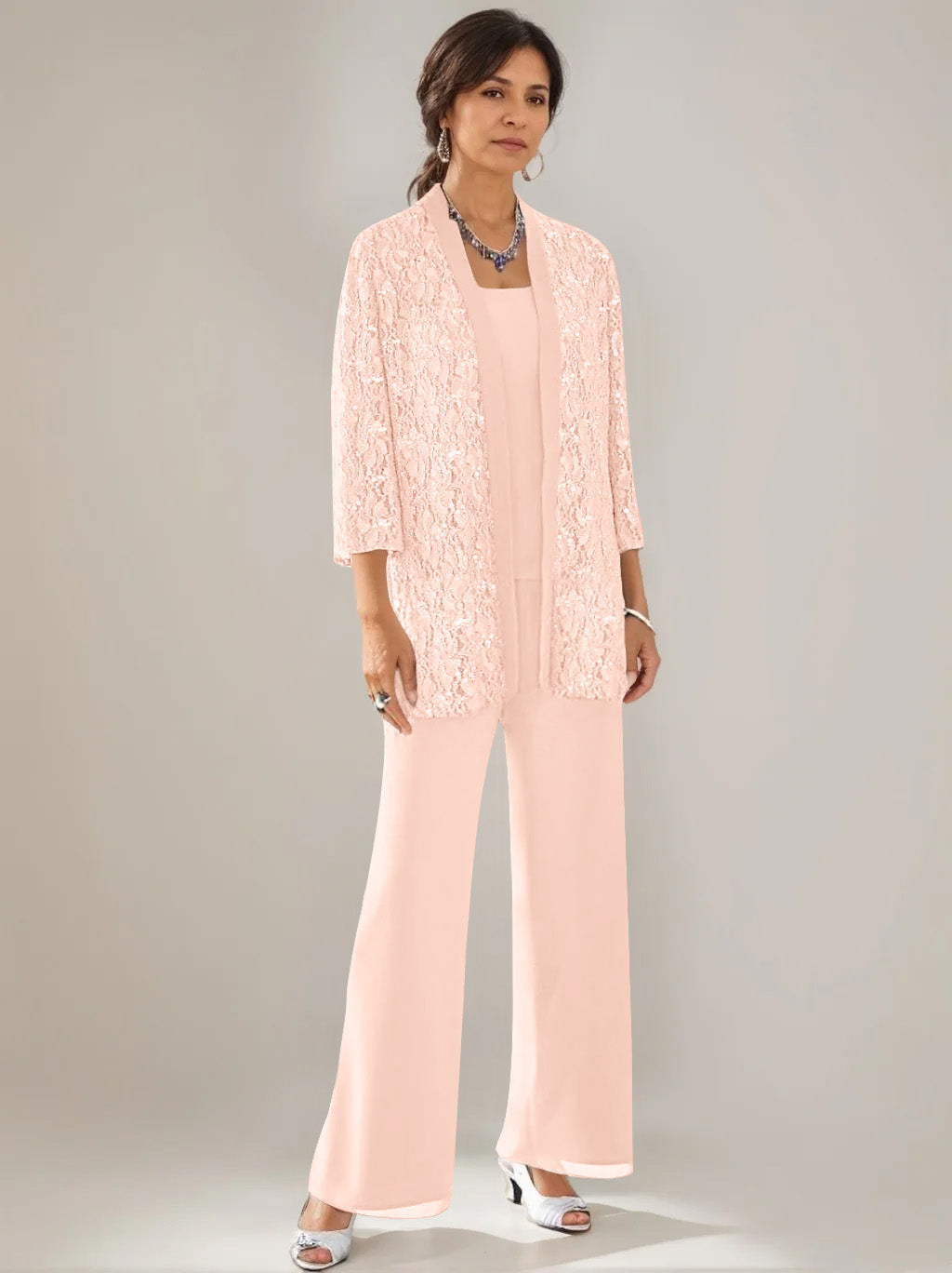 3 Pieces Scoop Neck 3 4 Sleeves Ankle Length Mother Of The Bride Pantsuits With Lace Sequins Jacket