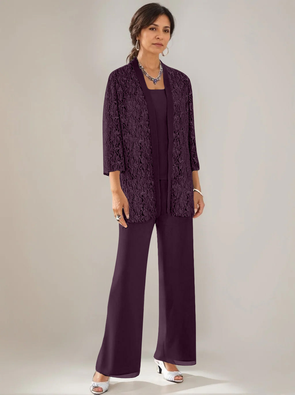 3 Pieces Scoop Neck 3 4 Sleeves Ankle Length Mother Of The Bride Pantsuits With Lace Sequins Jacket