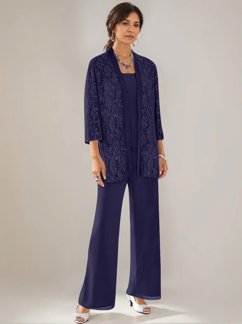 3 Pieces Scoop Neck 3 4 Sleeves Ankle Length Mother Of The Bride Pantsuits With Lace Sequins Jacket