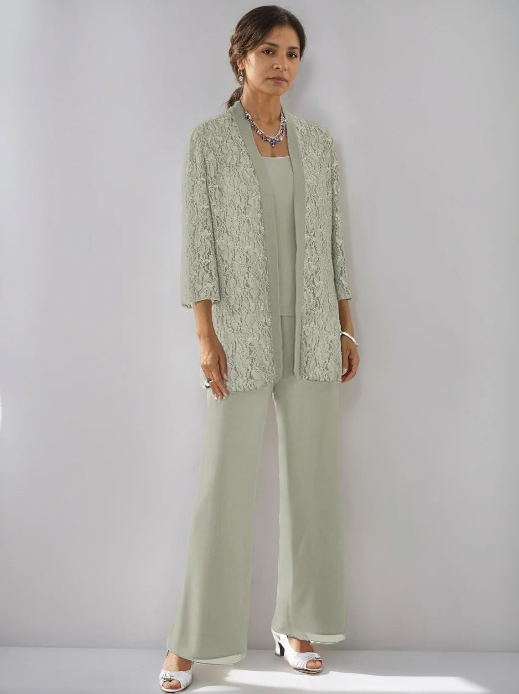 3 Pieces Scoop Neck 3 4 Sleeves Ankle Length Mother Of The Bride Pantsuits With Lace Sequins Jacket