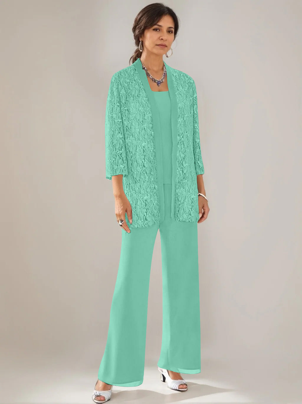 3 Pieces Scoop Neck 3 4 Sleeves Ankle Length Mother Of The Bride Pantsuits With Lace Sequins Jacket