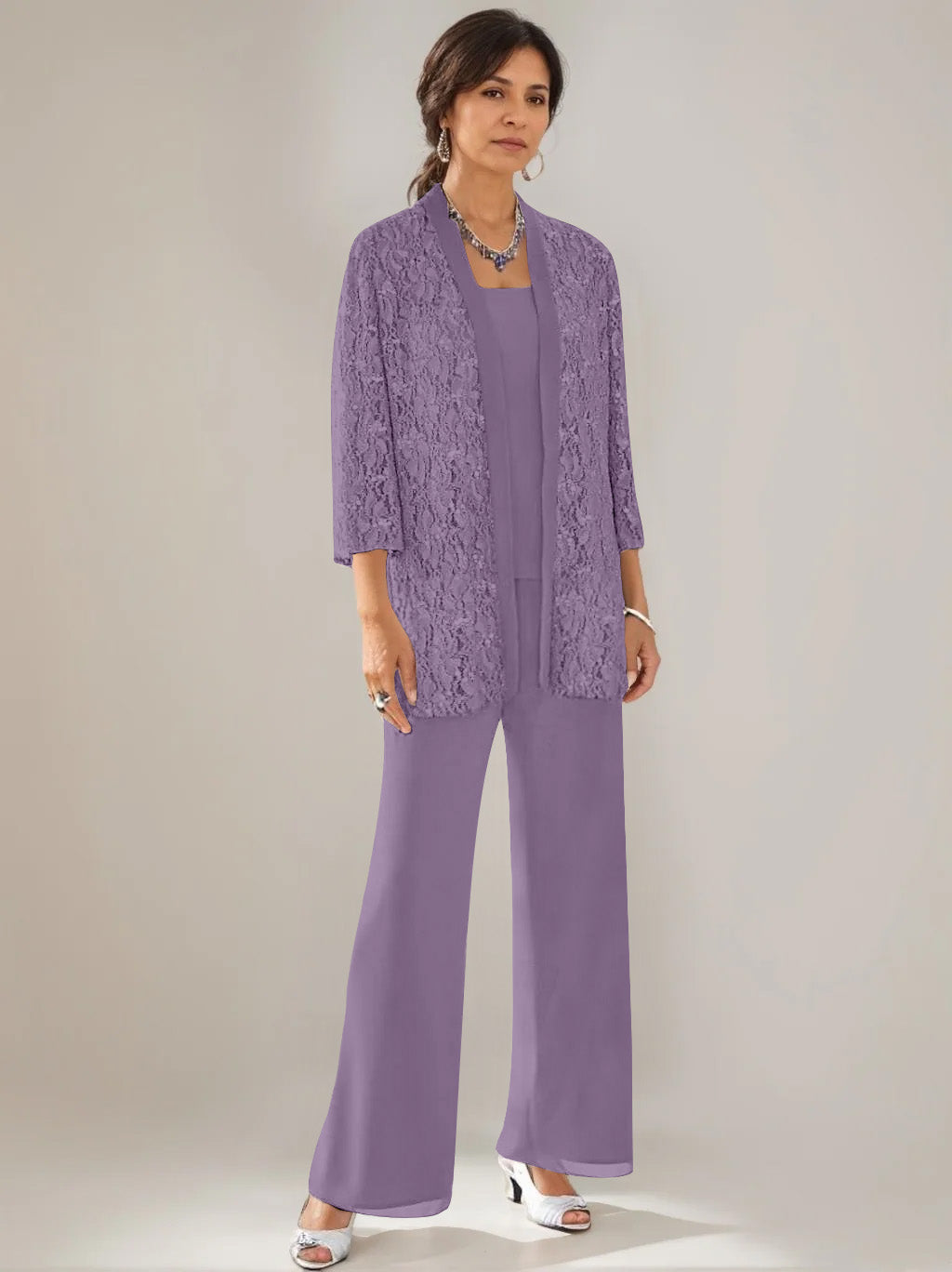 3 Pieces Scoop Neck 3 4 Sleeves Ankle Length Mother Of The Bride Pantsuits With Lace Sequins Jacket