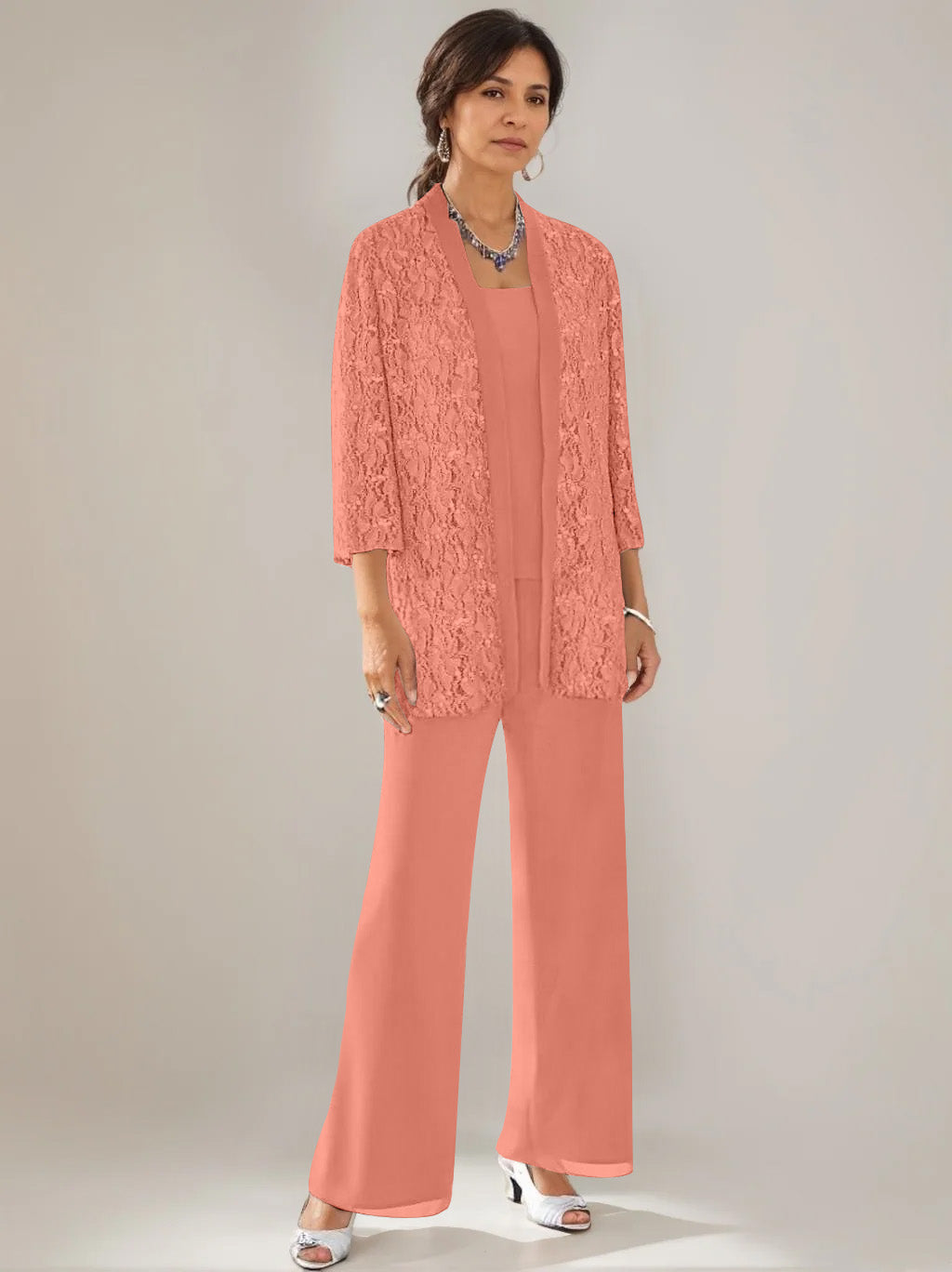 3 Pieces Scoop Neck 3 4 Sleeves Ankle Length Mother Of The Bride Pantsuits With Lace Sequins Jacket