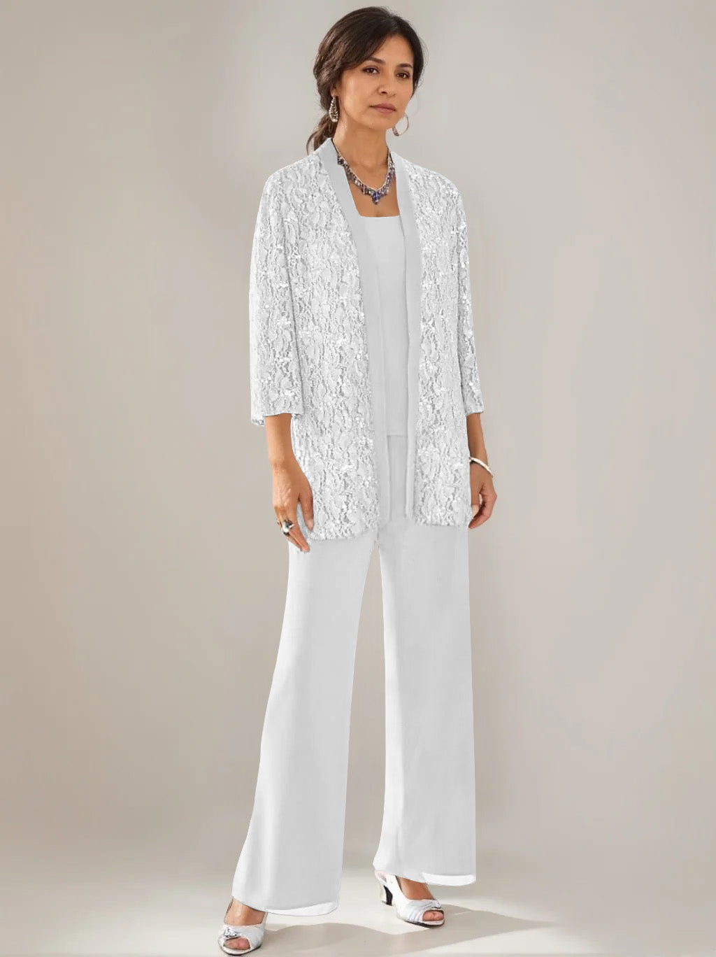 3 Pieces Scoop Neck 3 4 Sleeves Ankle Length Mother Of The Bride Pantsuits With Lace Sequins Jacket