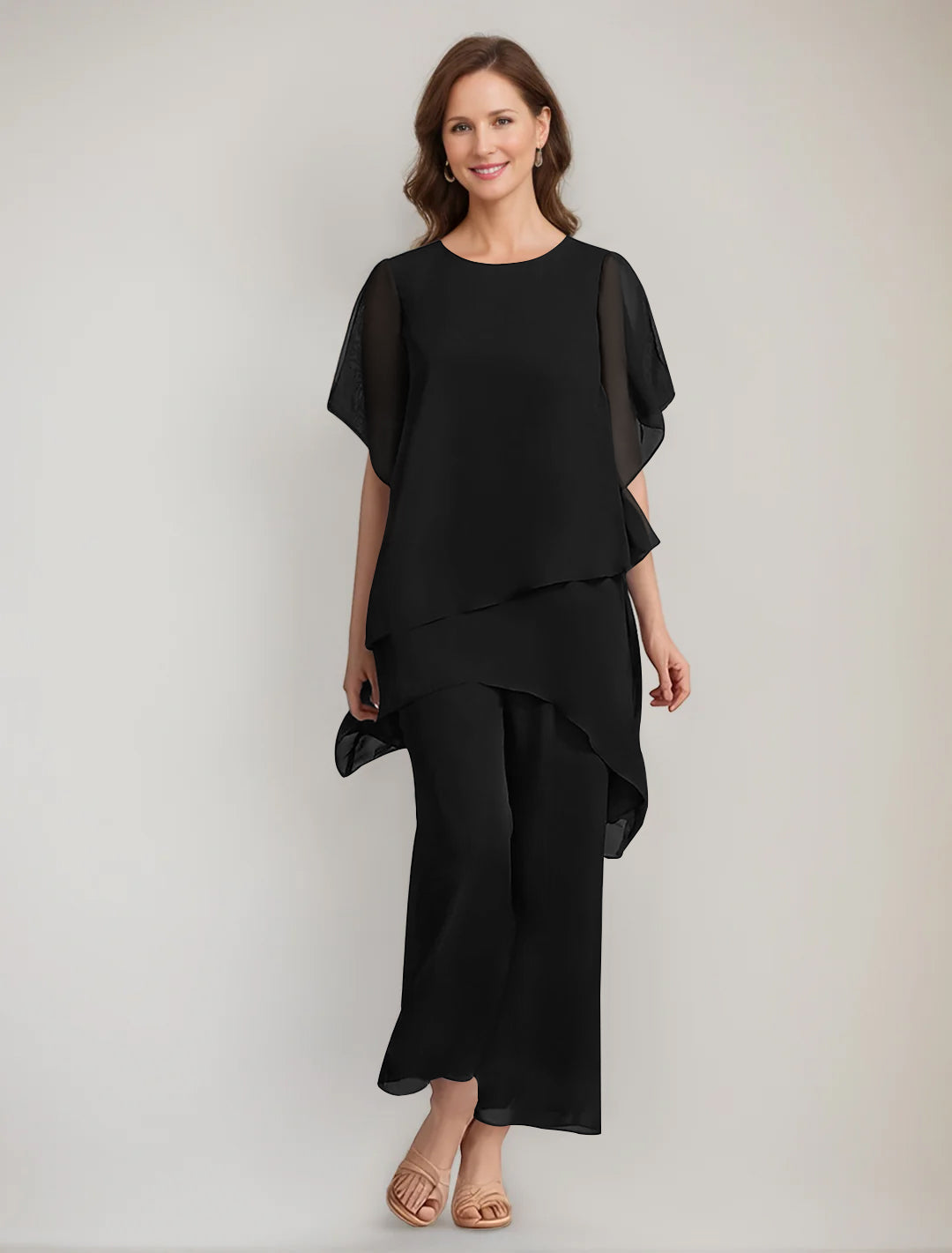 2 Pieces Scoop 1 2 Sleeves Ankle Length Asymmetrical Mother Of The Bride Pantsuits With Button