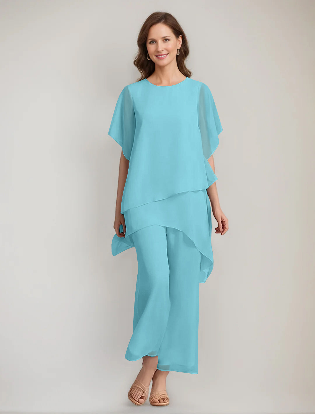2 Pieces Scoop 1 2 Sleeves Ankle Length Asymmetrical Mother Of The Bride Pantsuits With Button