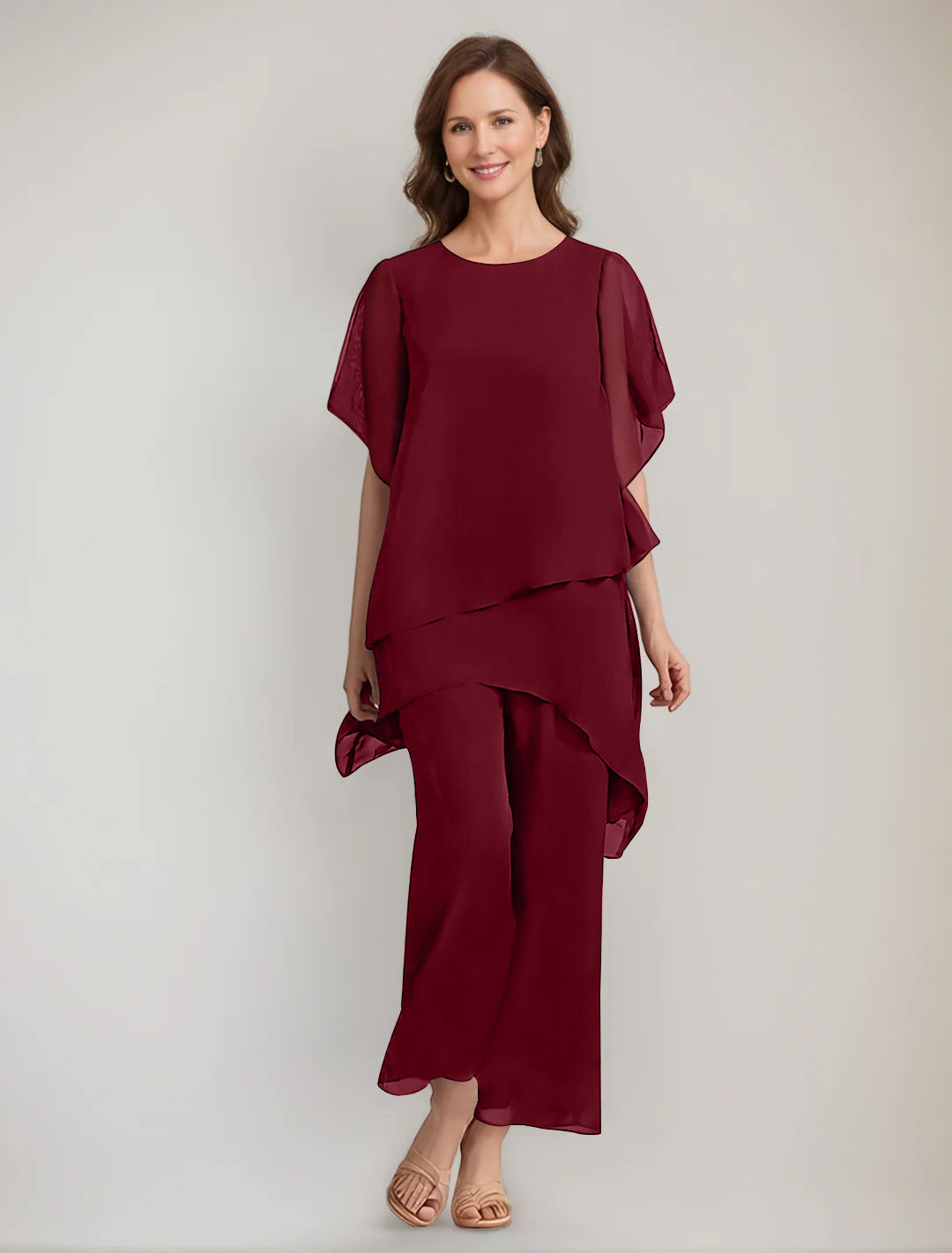 2 Pieces Scoop 1 2 Sleeves Ankle Length Asymmetrical Mother Of The Bride Pantsuits With Button
