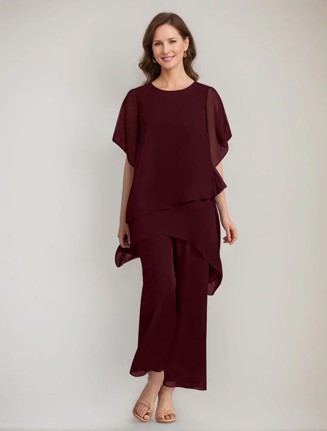 2 Pieces Scoop 1 2 Sleeves Ankle Length Asymmetrical Mother Of The Bride Pantsuits With Button