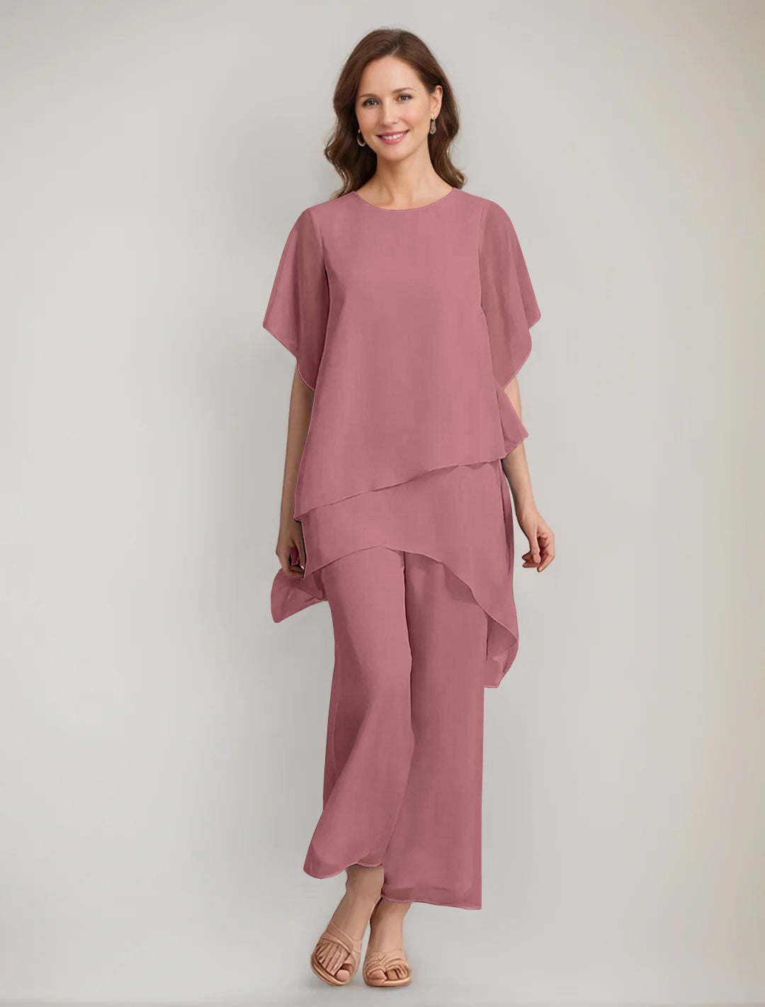 2 Pieces Scoop 1 2 Sleeves Ankle Length Asymmetrical Mother Of The Bride Pantsuits With Button