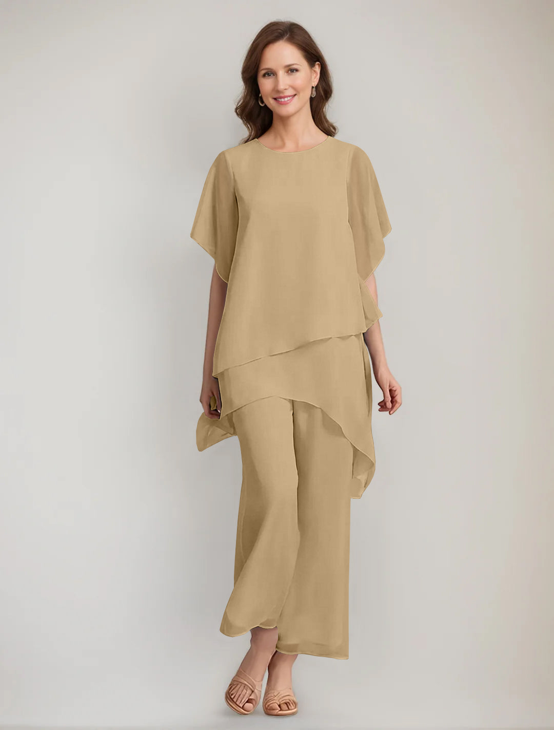 2 Pieces Scoop 1 2 Sleeves Ankle Length Asymmetrical Mother Of The Bride Pantsuits With Button
