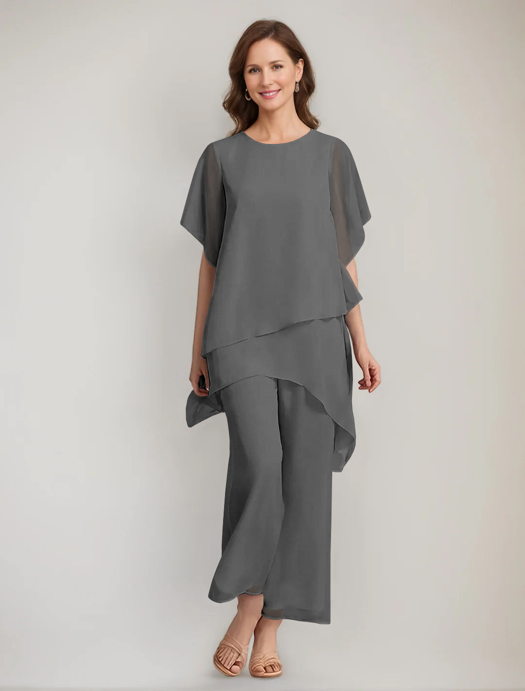 2 Pieces Scoop 1 2 Sleeves Ankle Length Asymmetrical Mother Of The Bride Pantsuits With Button