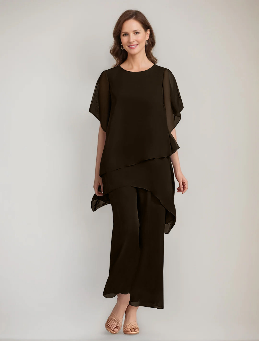 2 Pieces Scoop 1 2 Sleeves Ankle Length Asymmetrical Mother Of The Bride Pantsuits With Button