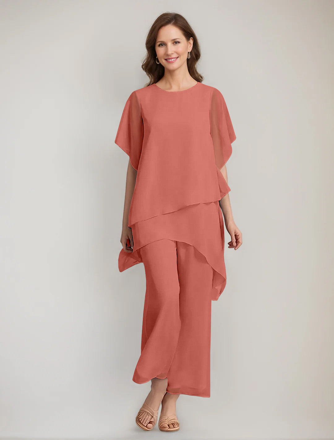 2 Pieces Scoop 1 2 Sleeves Ankle Length Asymmetrical Mother Of The Bride Pantsuits With Button